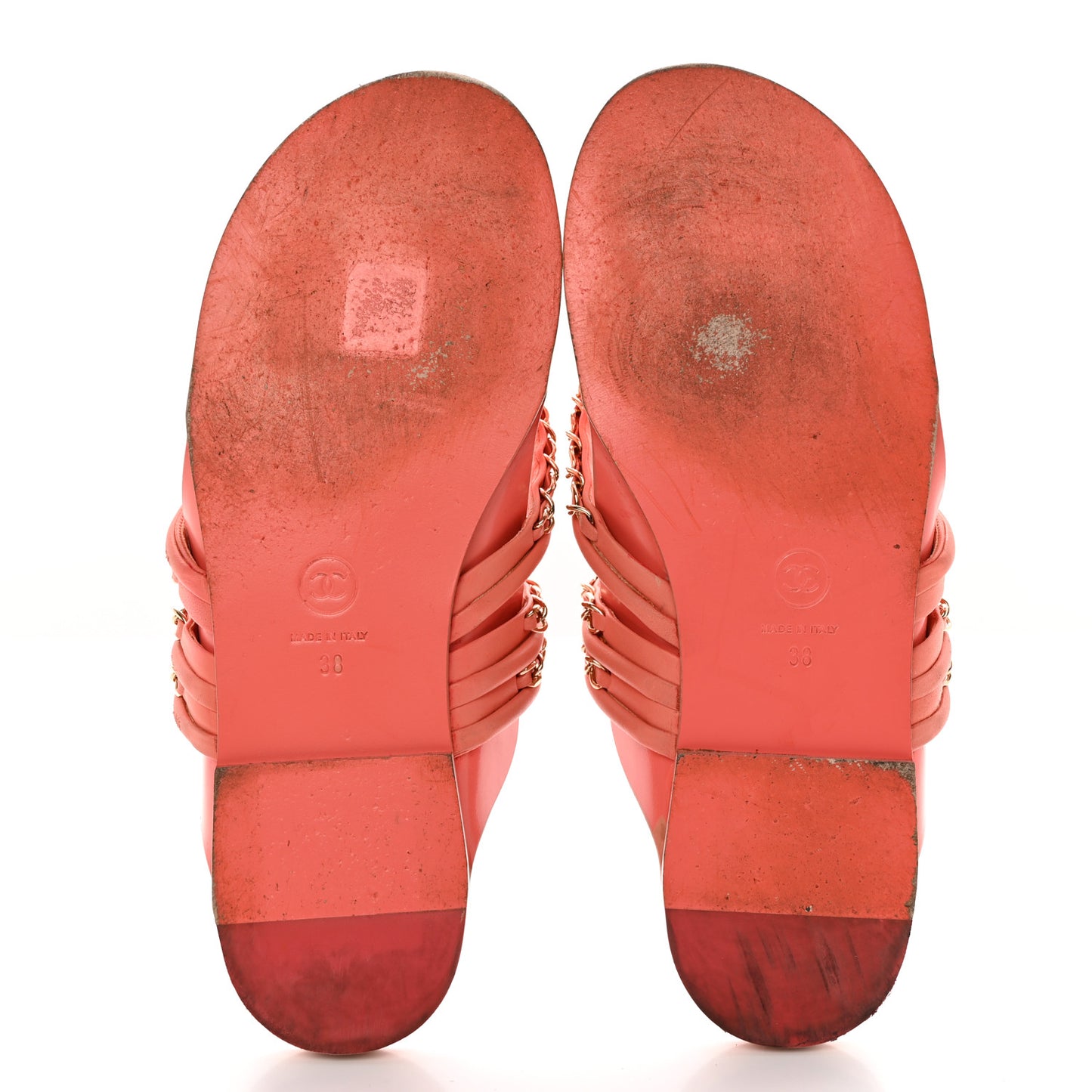 Calfskin Chain CC Thong Flat Sandals 38 Coral