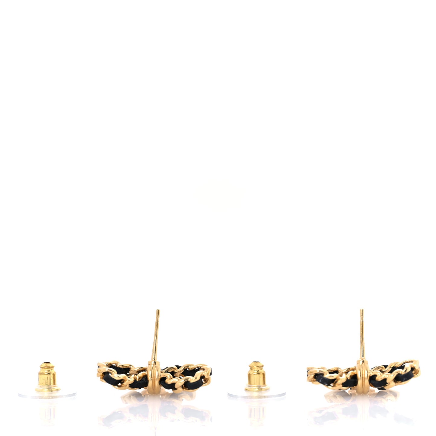 Lambskin Chain Bow Stud Earrings Black Gold