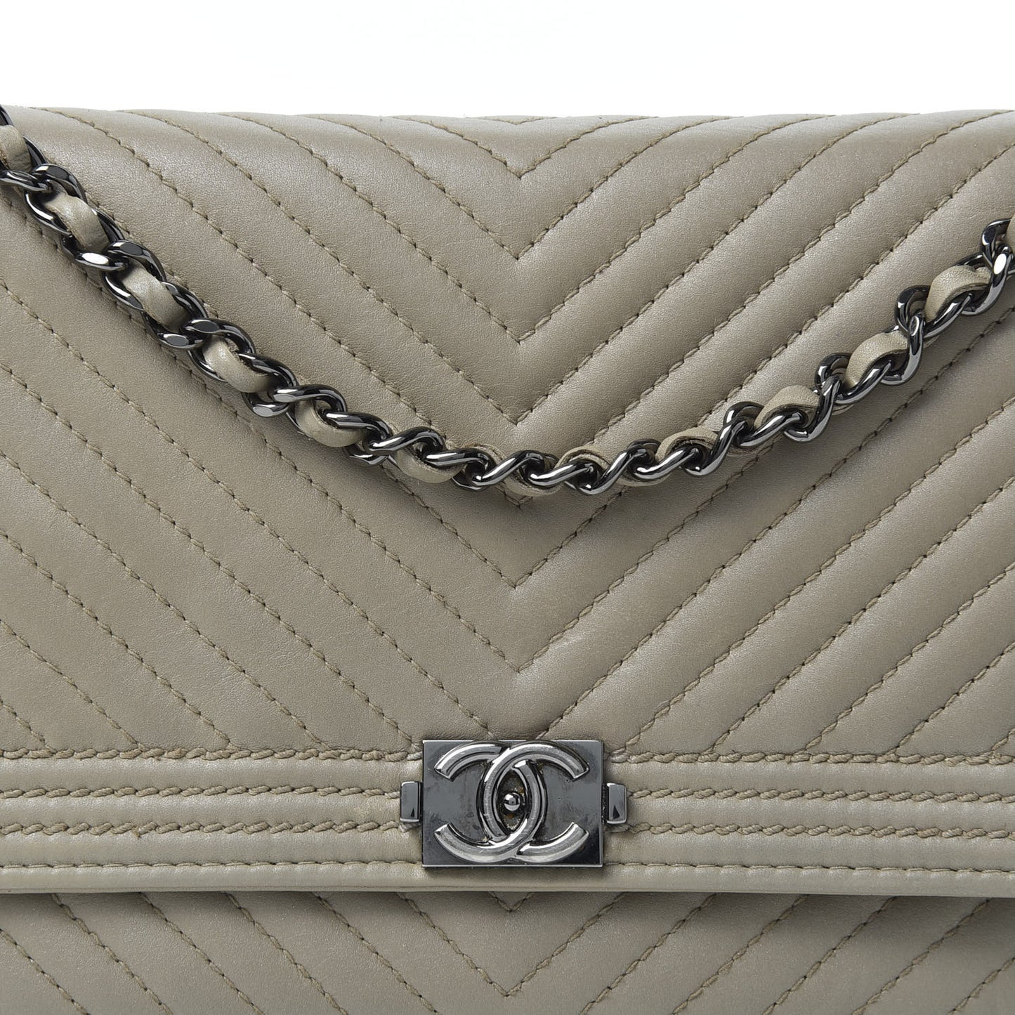 Lambskin Chevron Quilted Boy Wallet On Chain WOC Grey
