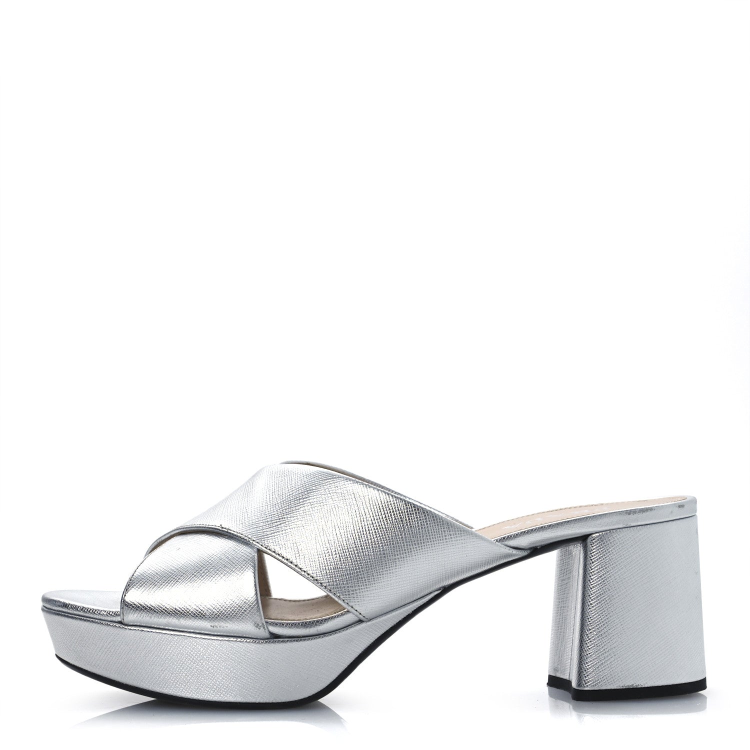 Prada Metallic Saffiano Crisscross Platform Sandals 41 Silver