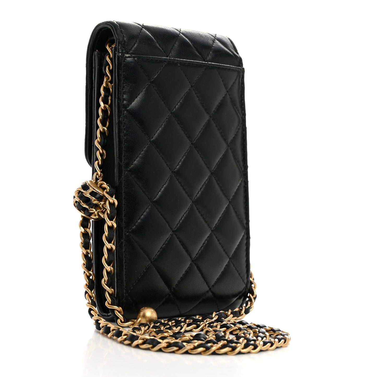 Lambskin Quilted Pearl Crush Phone Holder With Chain Black