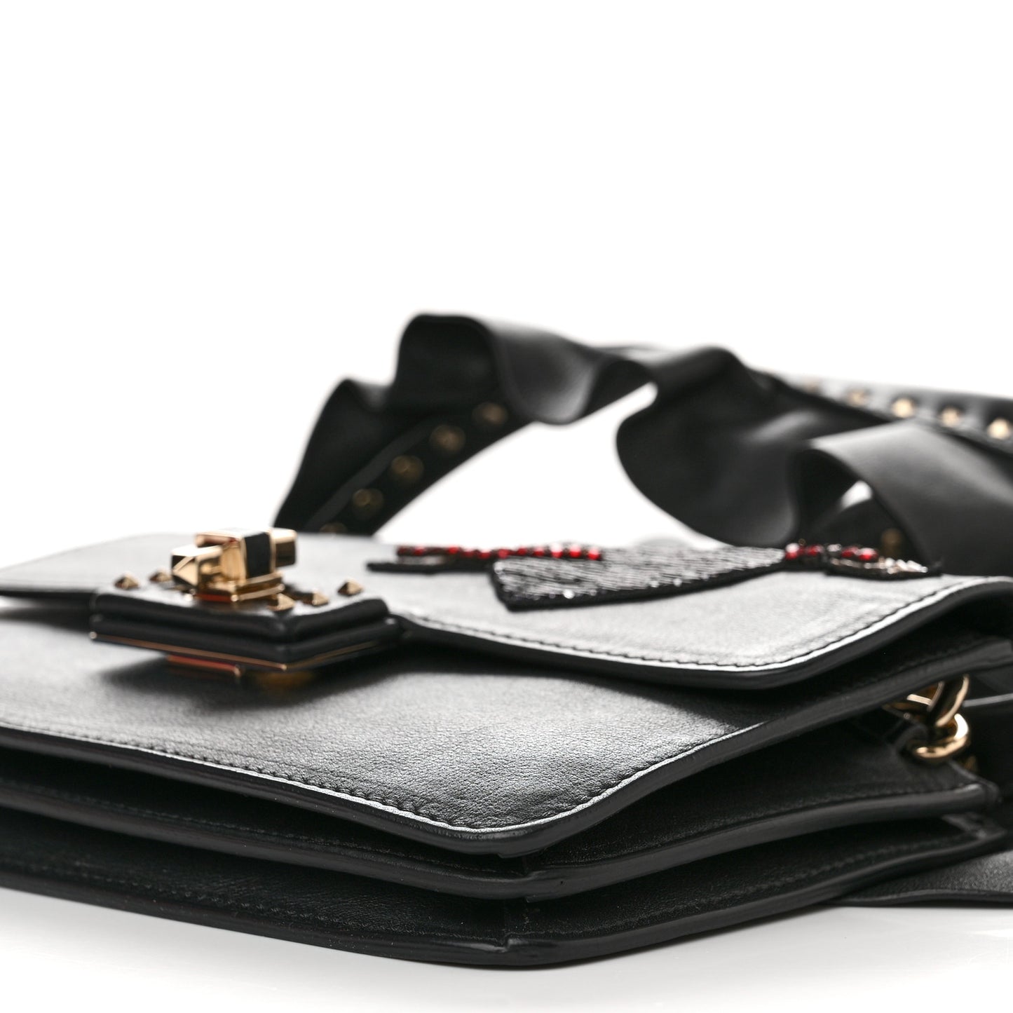 Calfskin Crystal Bead Embellished Mini Rockstud Love Story Ruffle Strap Bag Black