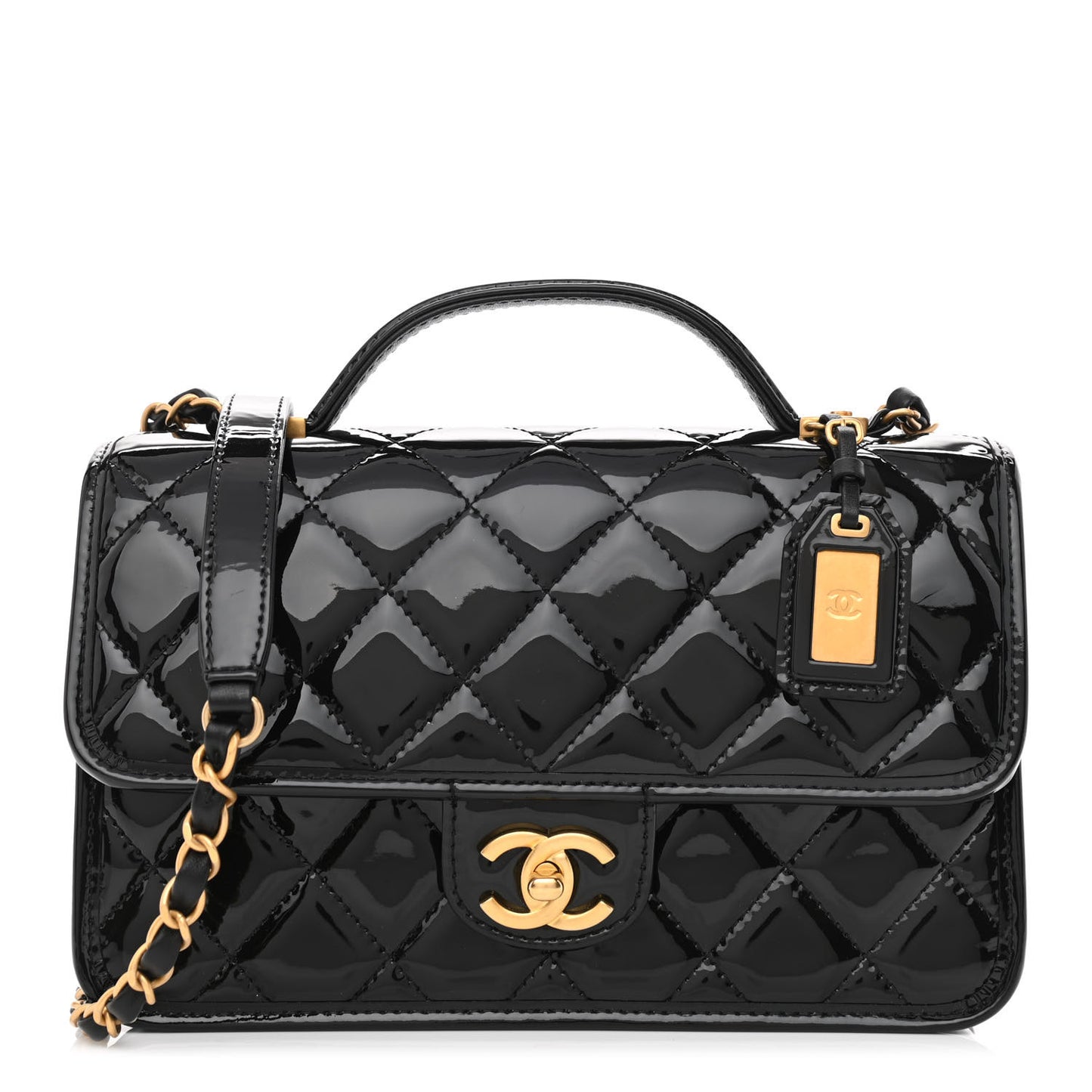 Patent Quilted Small School Memory Top Handle Flap Black