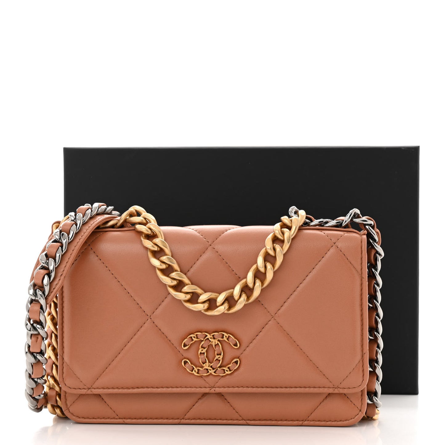 Lambskin Quilted Chanel 19 Wallet On Chain WOC Brown