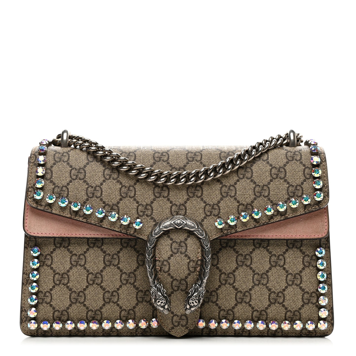 GG Supreme Monogram Suede Crystal Small Dionysus Shoulder Bag Beige Ebony Light Peonia