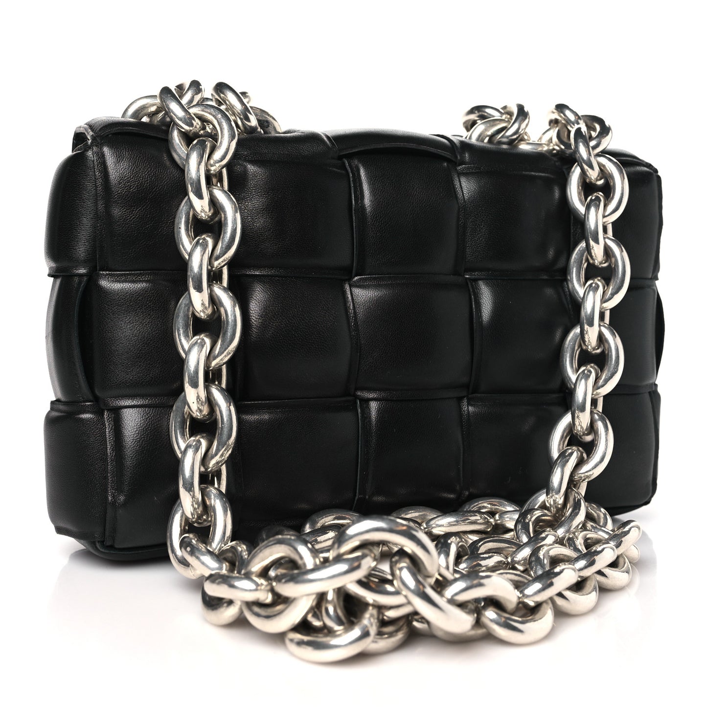 BOTTEGA VENETA Lambskin Maxi Intreccio Padded Chain Cassette Crossbody Bag Black