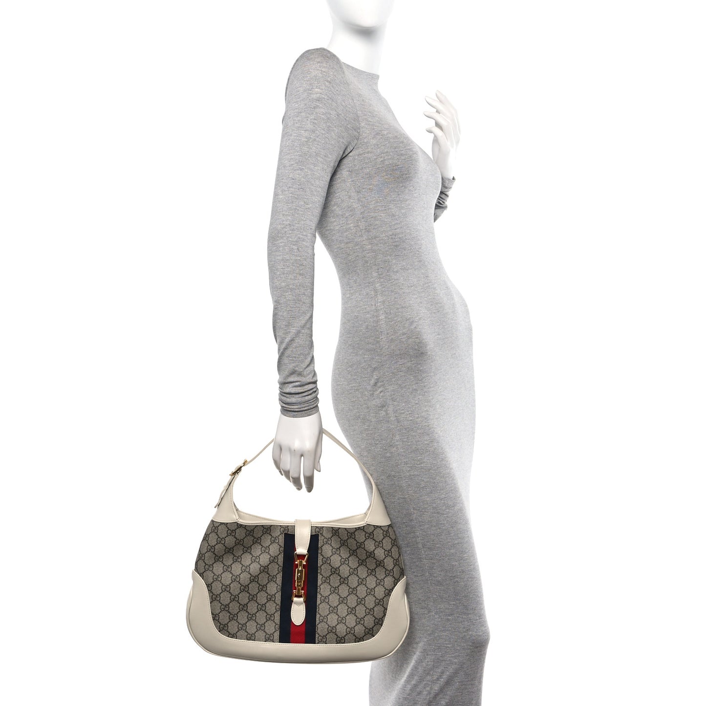 GG Supreme Monogram Textured Dollar Calfskin Web Medium Jackie 1961 Hobo Beige Ebony Mystic White