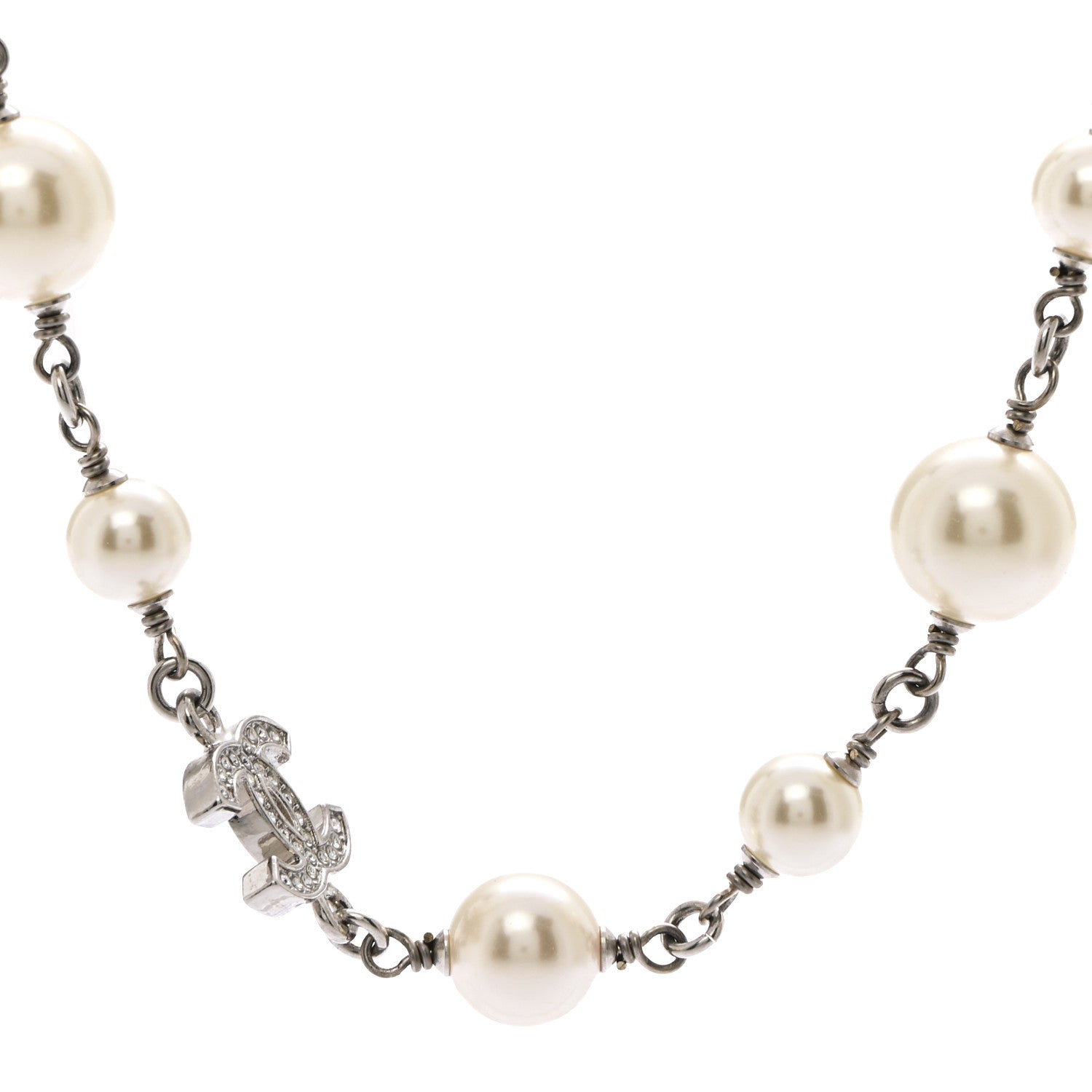 Chanel Crystal Pearl CC Long Necklace Silver 4 of 6