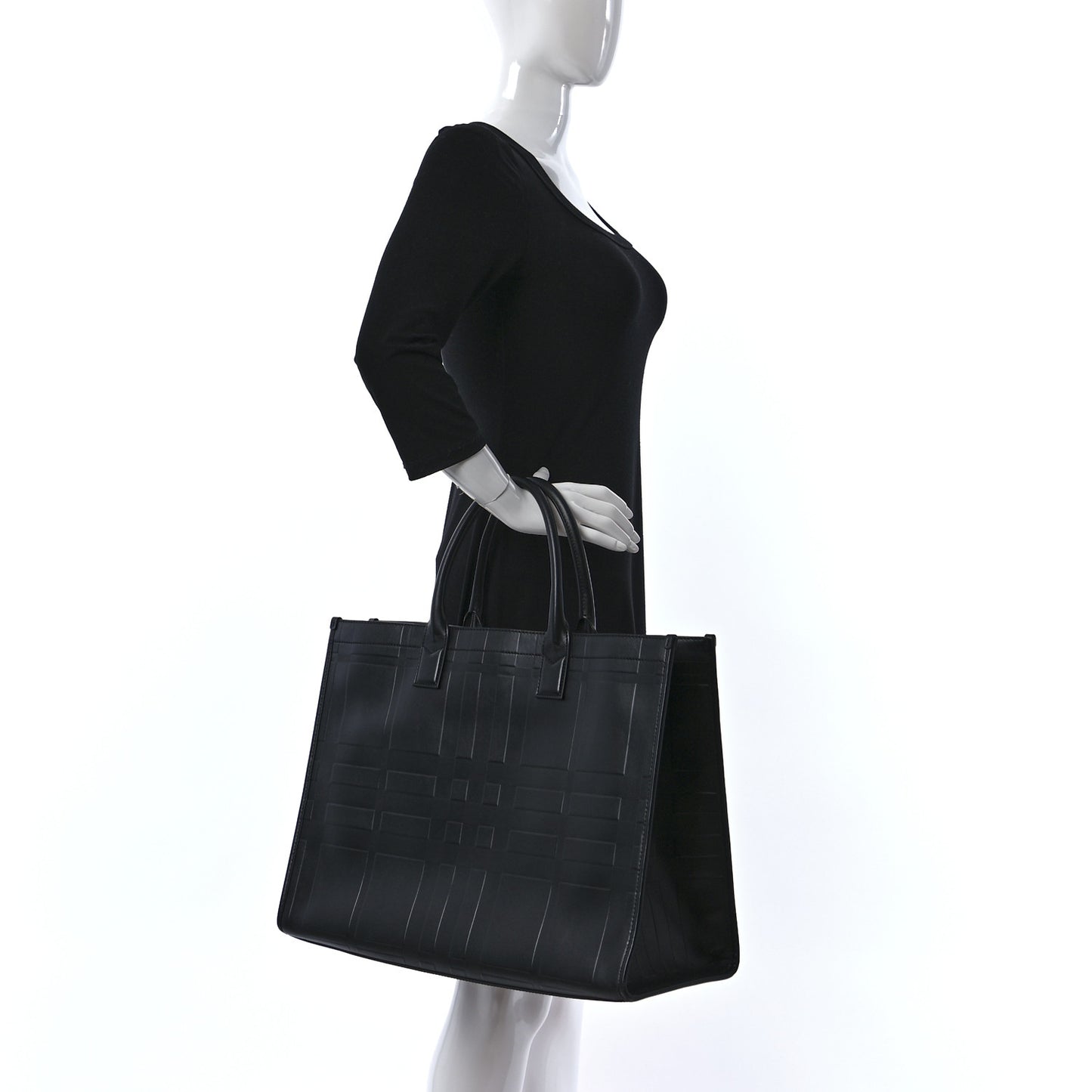 Calfskin Denny Check Embossed Tote Black