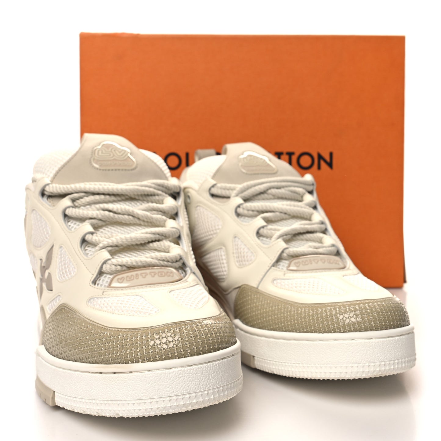 Mens LV Calfskin Mesh Skate Sneaker 12 Beige White