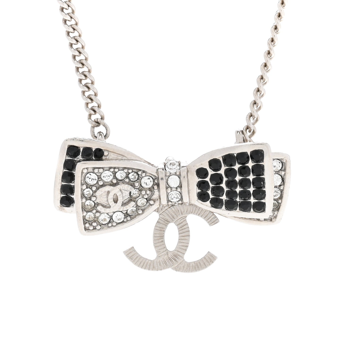 Crystal CC Bow Necklace Silver Black