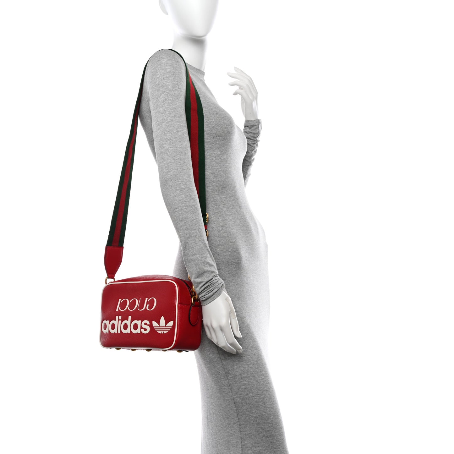 X ADIDAS Textured Dollar Calfskin Web Trefoil Logo Small Messenger Bag Hibiscus Red Off White