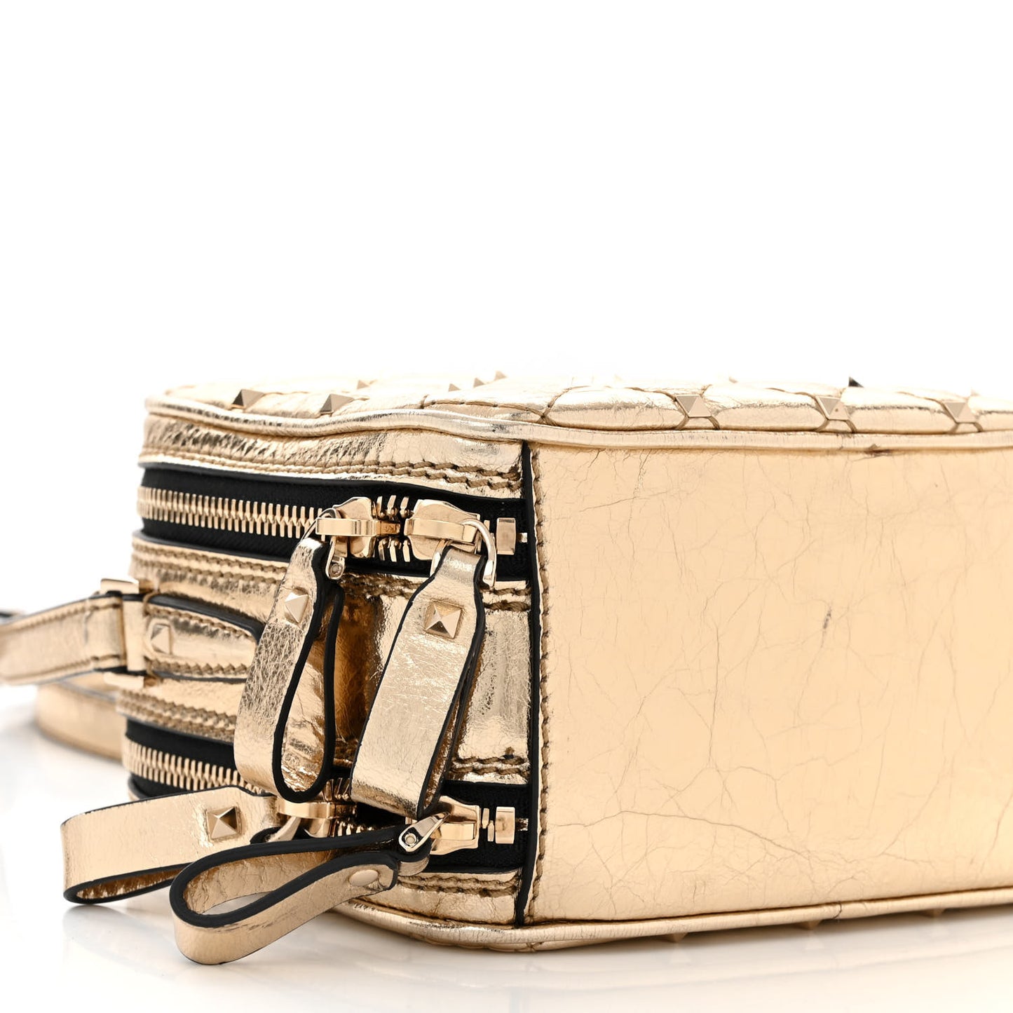 Metallic Wrinkled Lambskin Rockstud Spike Double Zip Camera Crossbody Bag Mekong