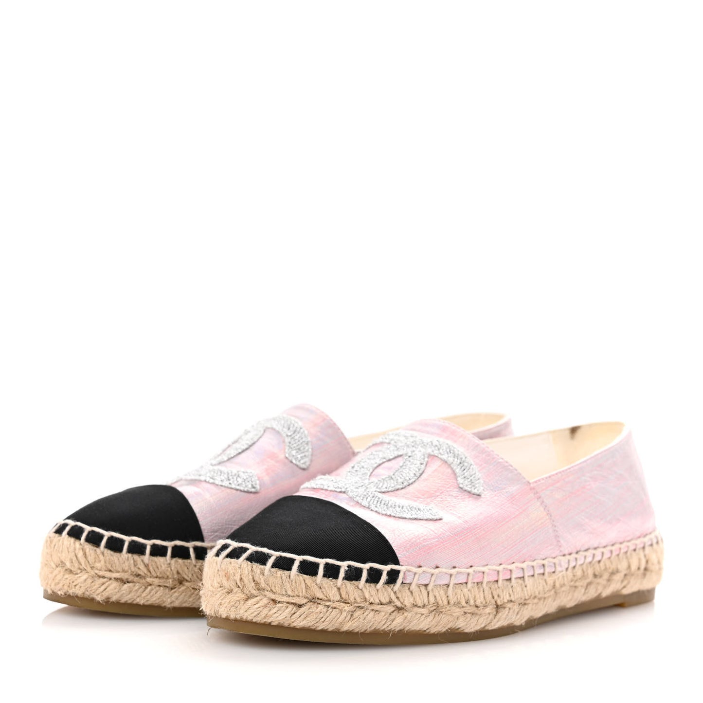 Laminated Lambskin Grosgrain Embroidered CC Espadrilles 39 Pink Silver Black