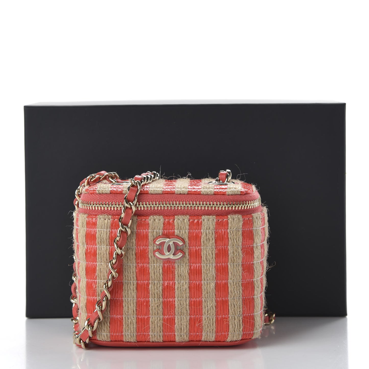 Raffia Jute Striped Mini Vanity Case With Chain Red Beige