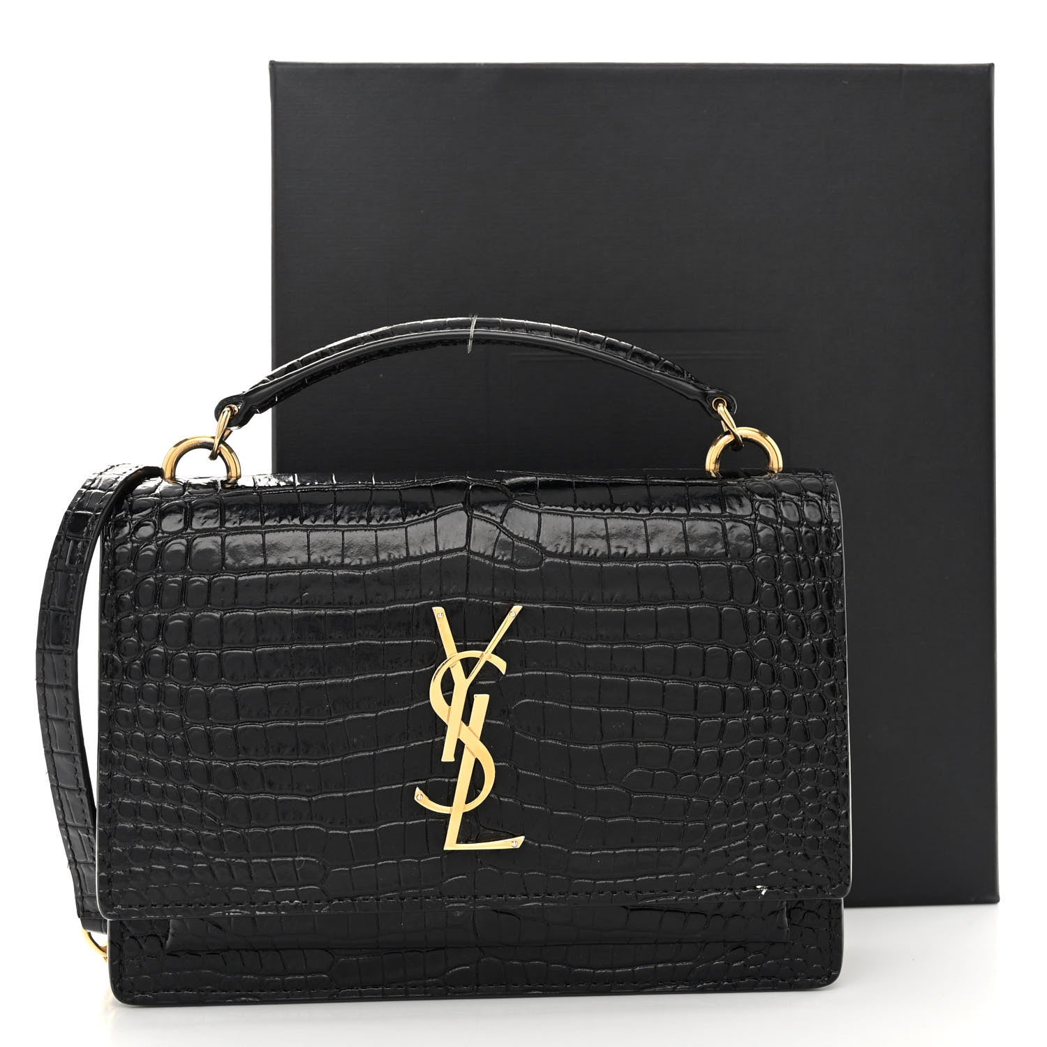 Saint Laurent Calfskin Crocodile Embossed Monogram Sunset Top Handle Chain Wallet Black 11 of 11