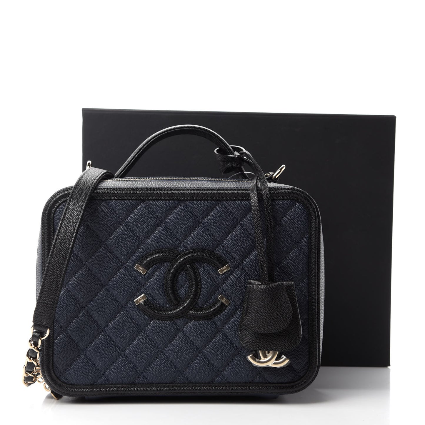 Caviar Quilted Large CC Filigree Vanity Case Navy Black