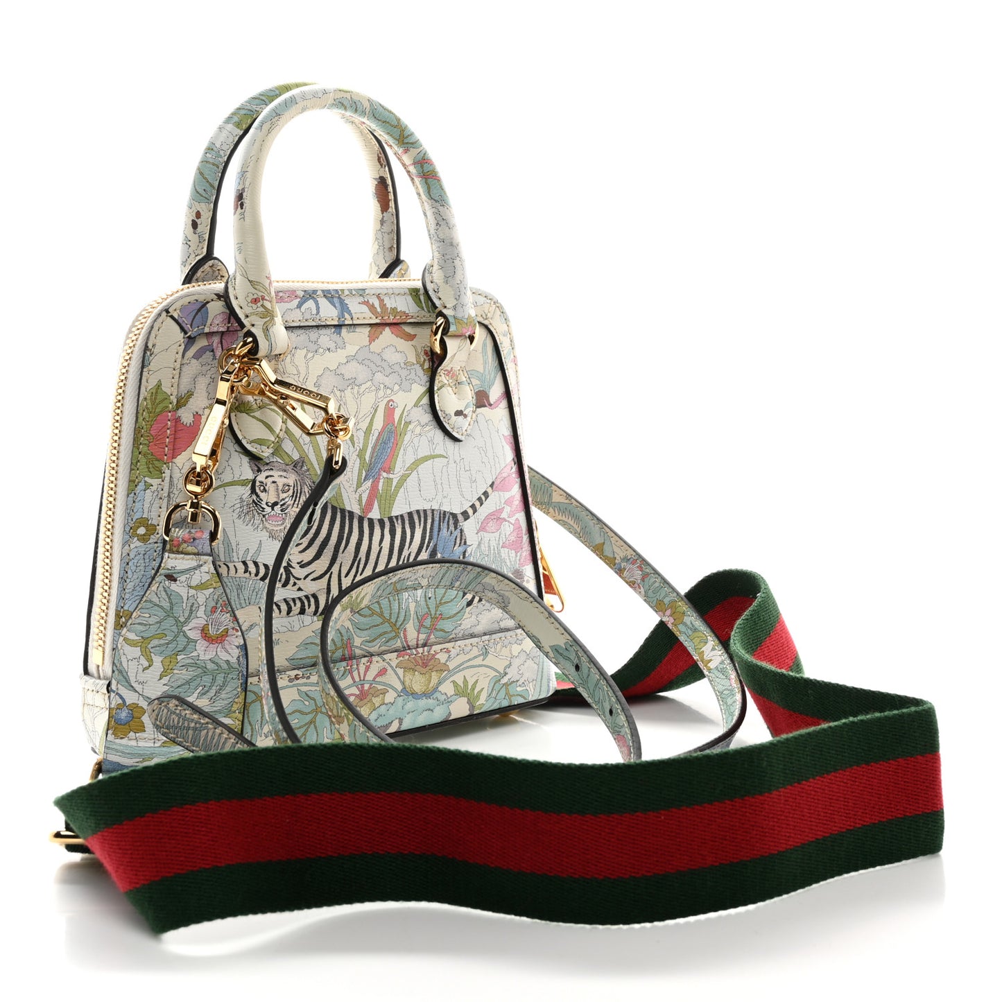New Shangai Calfskin Tiger Savanah Web Mini Horsebit 1955 Top Handle Bag Chalky White Multicolor