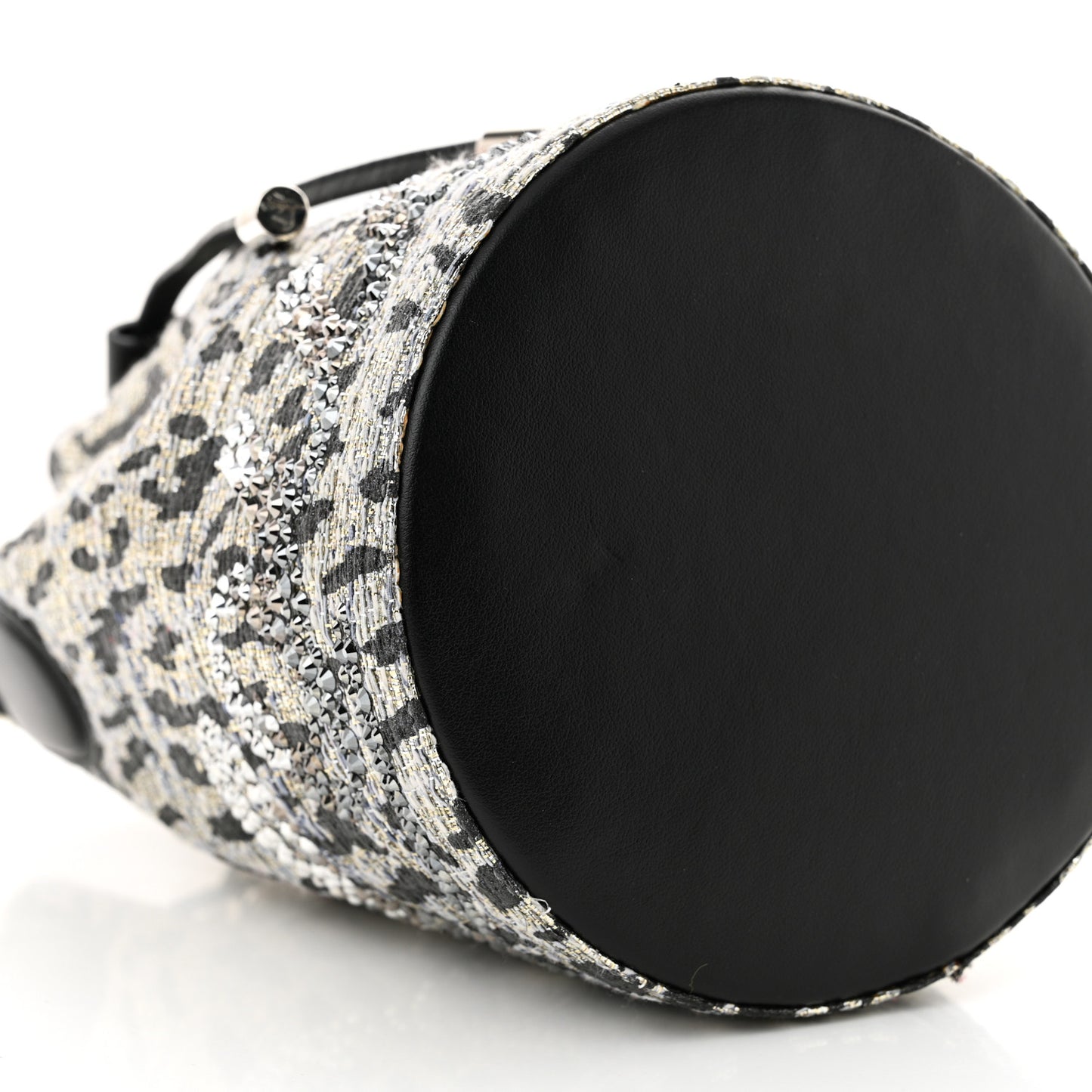 Tweed Crystal Leopard Print Marie Jane Bucket Silver