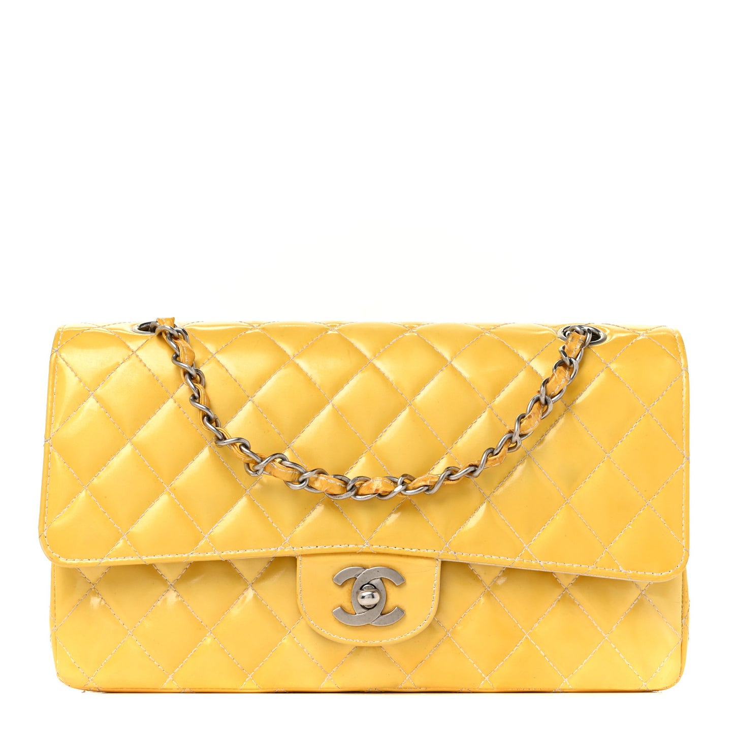 Patent Quilted Medium Double Flap Yellow