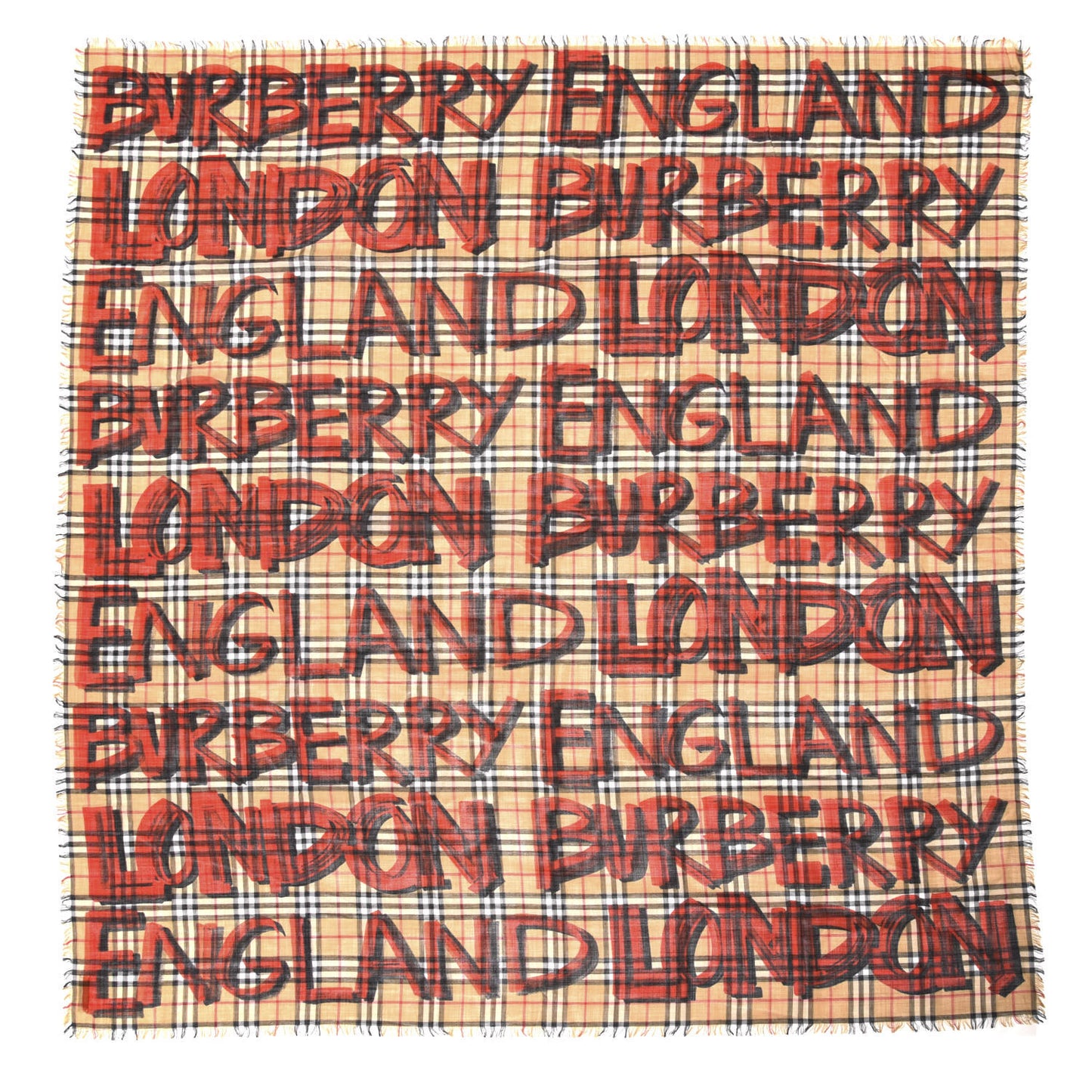 Wool Silk Check Graffiti Print Large Square Scarf Bright Red