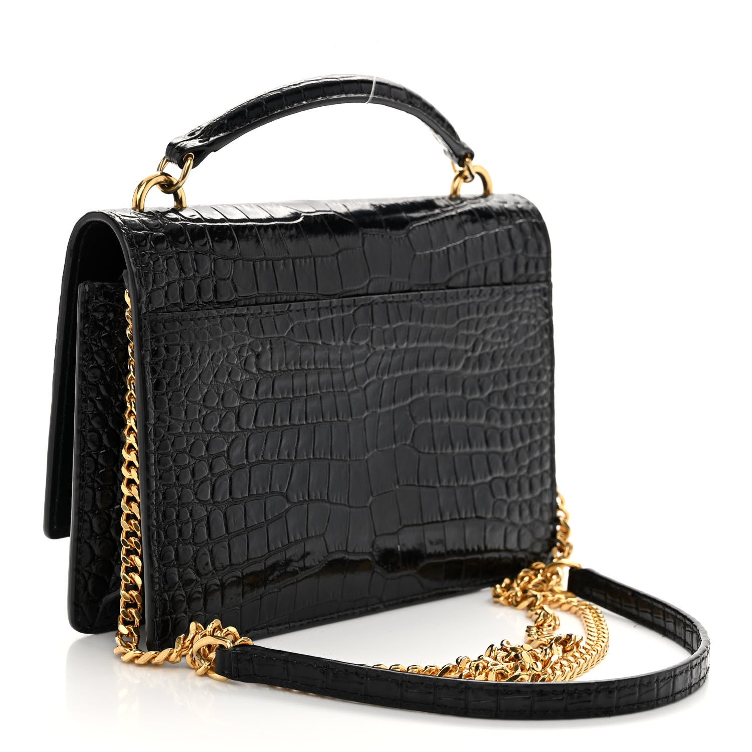 Saint Laurent Calfskin Crocodile Embossed Monogram Sunset Top Handle Chain Wallet Black 3 of 11