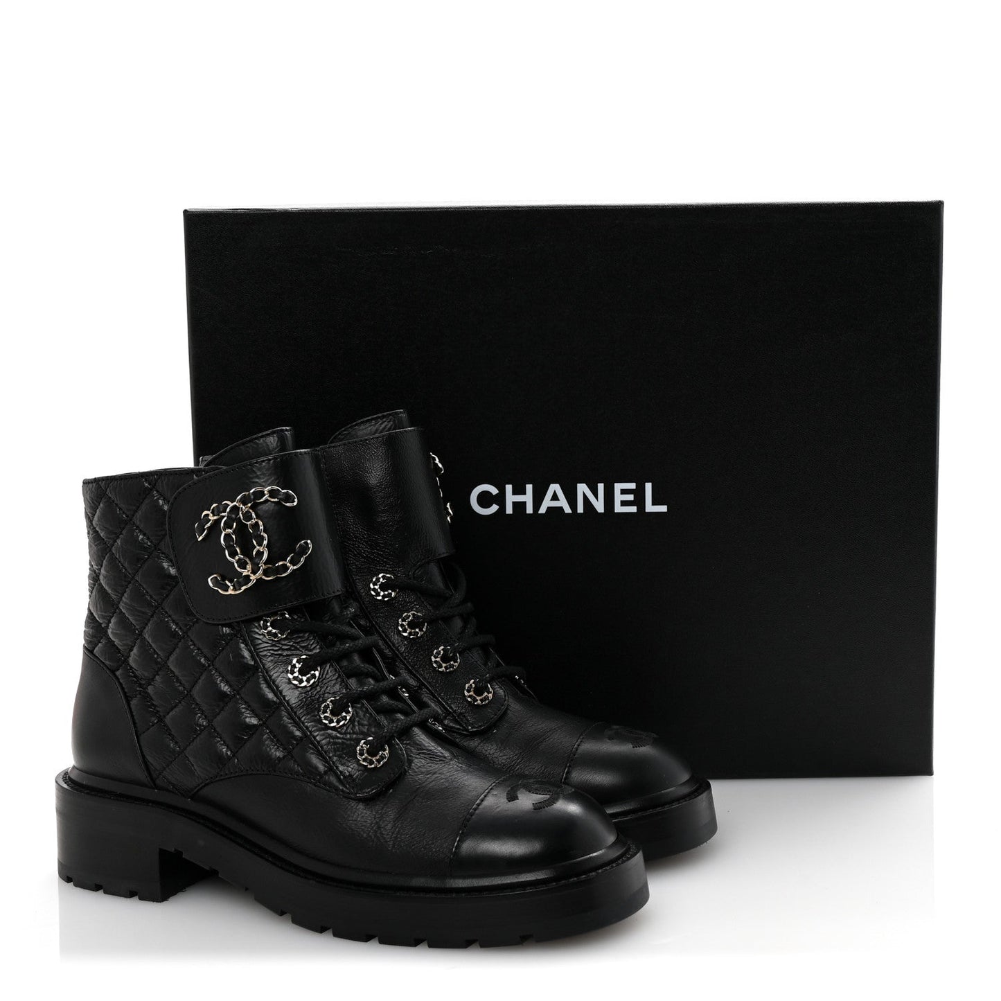 Shiny Lambskin Quilted Lace Up Combat Boots 38 Black