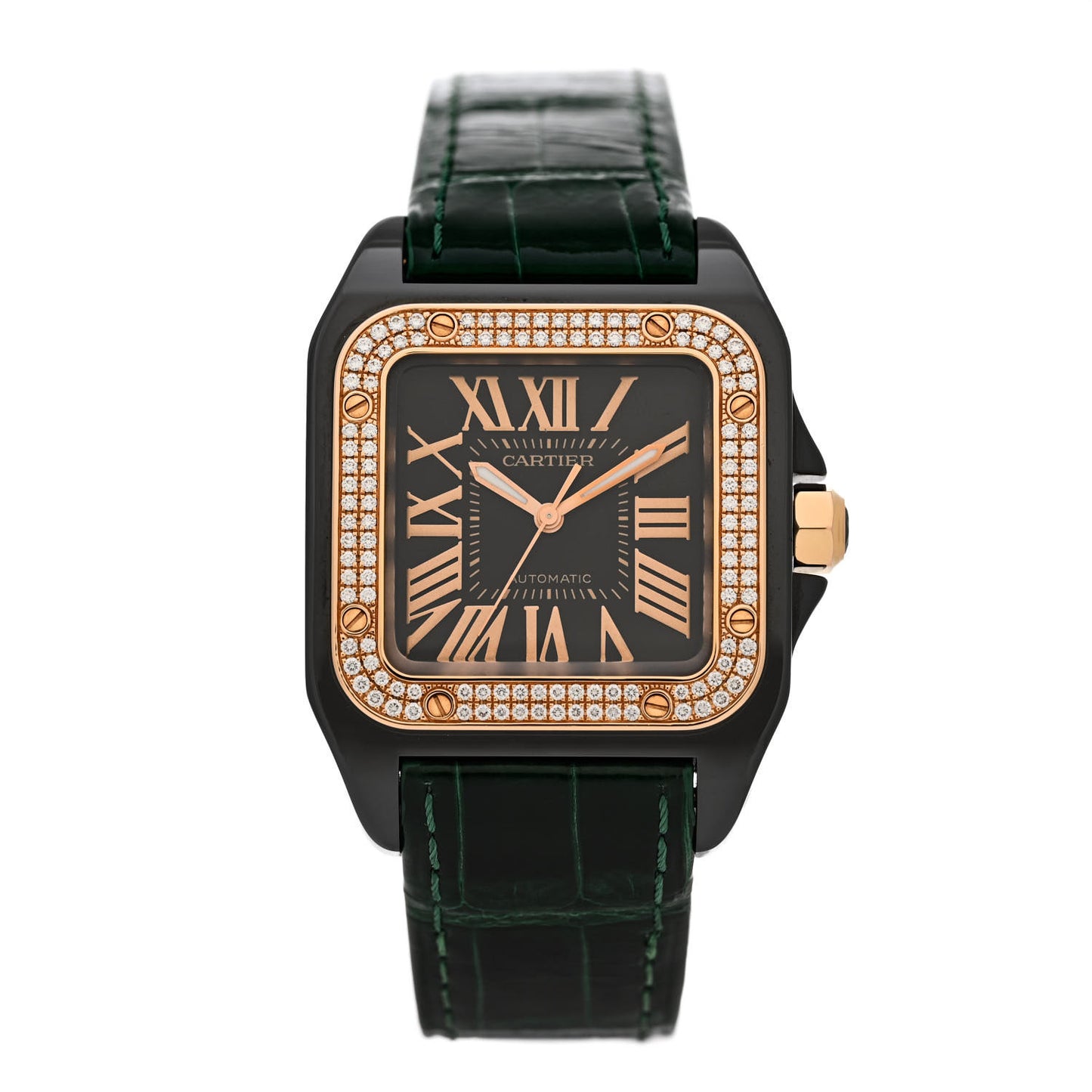 DLC Stainless Steel 18K Yellow Gold Alligator Diamond Bezel 33mm Santos Automatic Watch Black