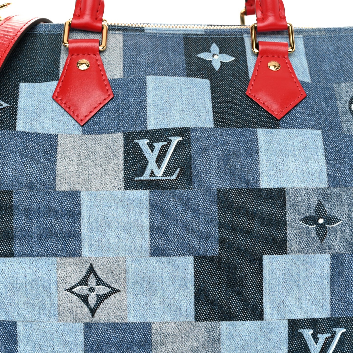 Denim Damier Monogram Patchwork Speedy Bandouliere 30 Blue Rouge