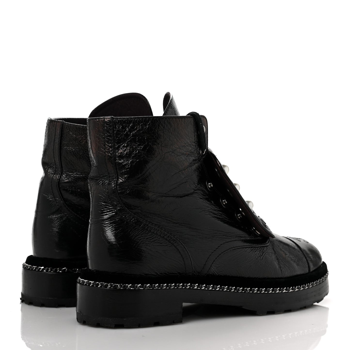 Crackled Calfskin Velvet Pearl Combat Short Boots 40 Black