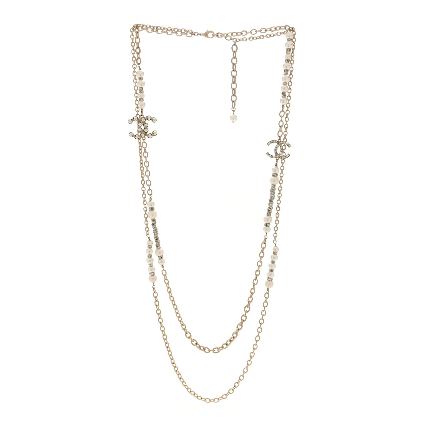 Pearl Crystal CC Long Necklace Gold