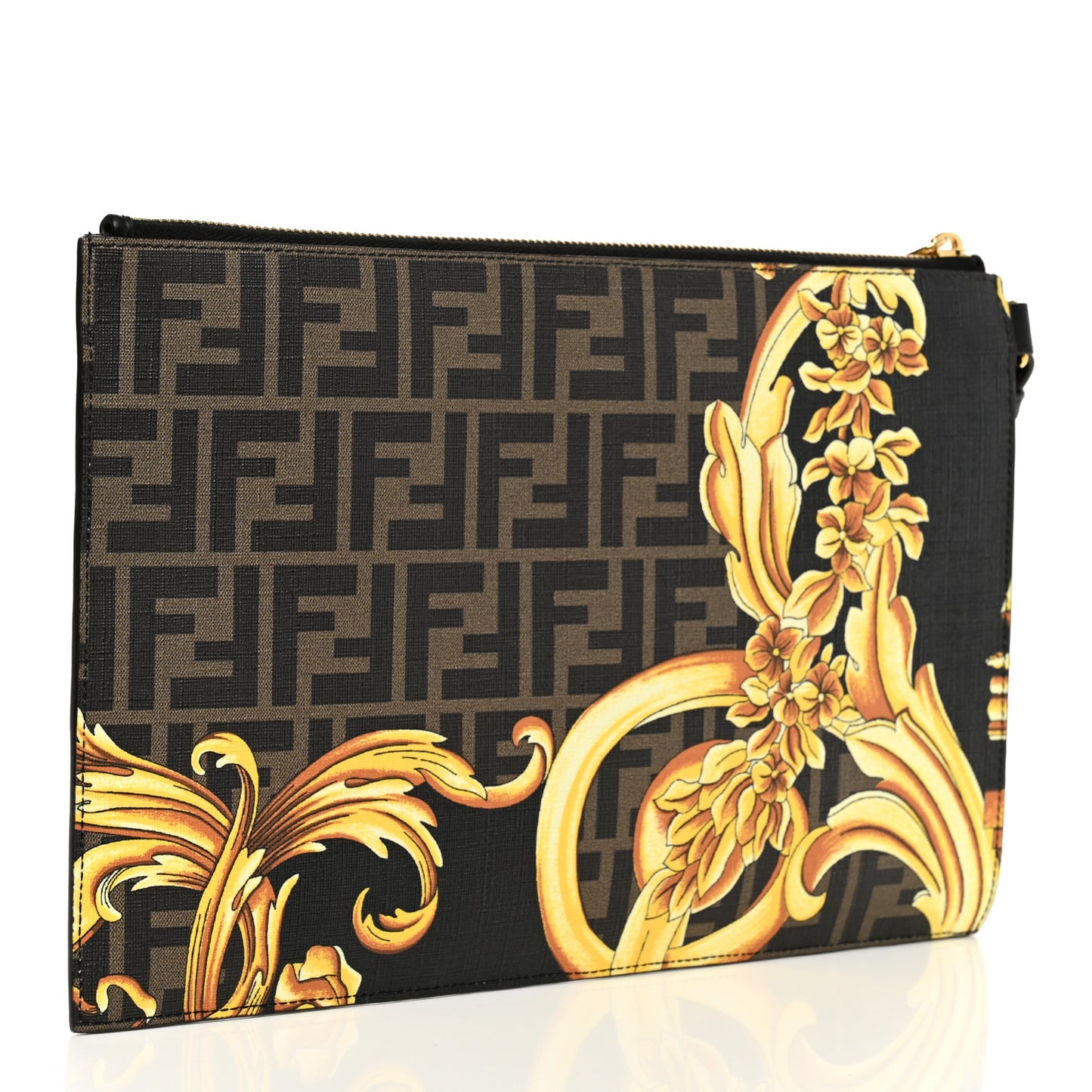 X VERSACE Glazed Fabric Vitello Cover Fendace FF Baroque Large Flat Pouch Black Gold
