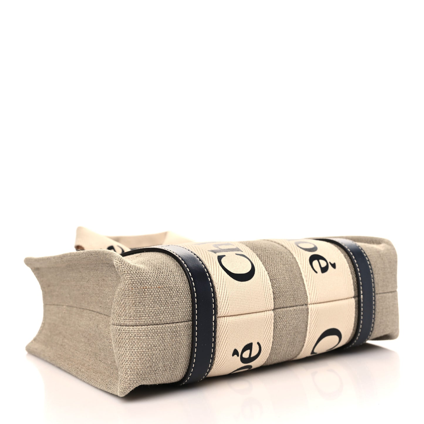 Cotton Calfskin Small Woody Ribbon Tote With Strap White Navy