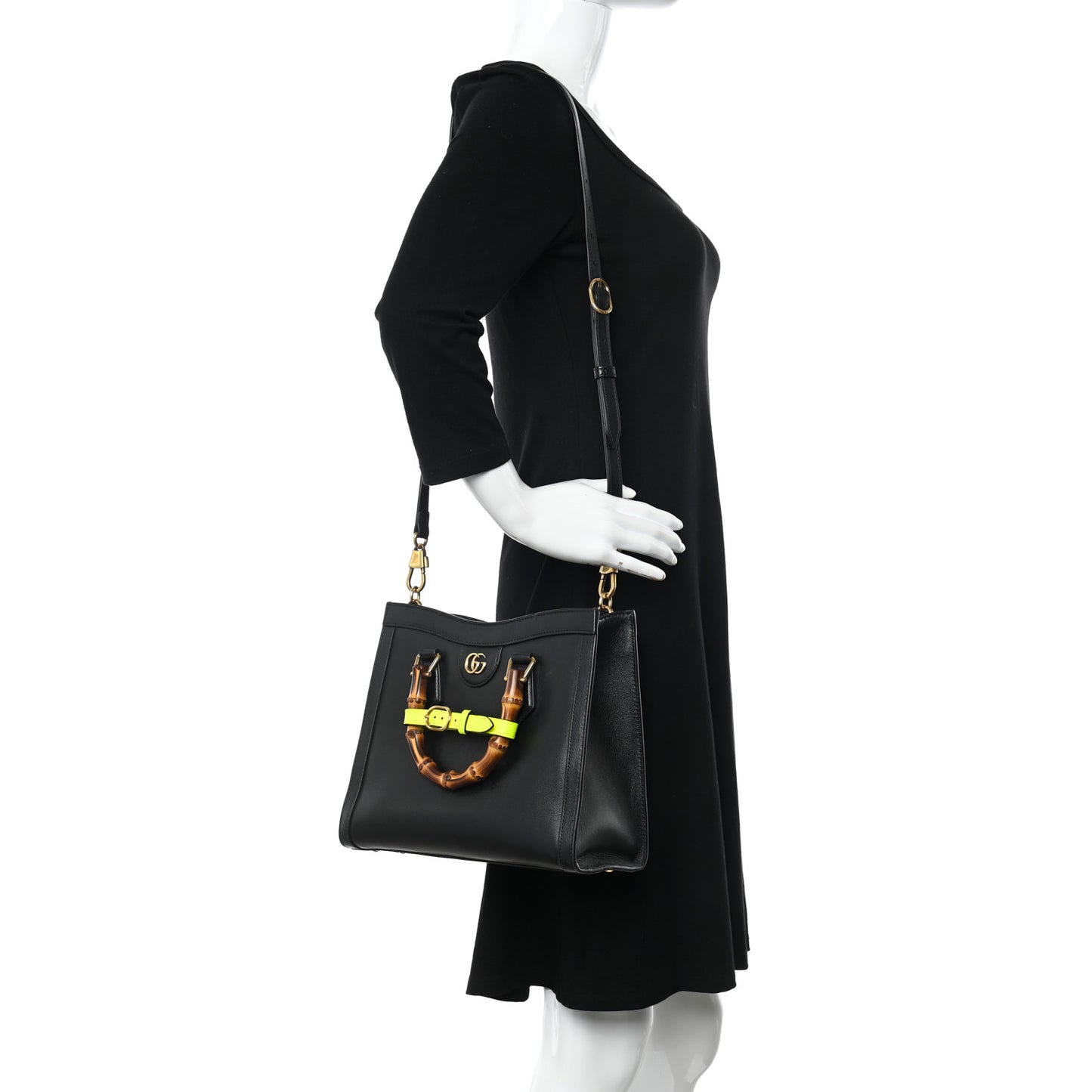 Calfskin Small Diana Tote Bag Black Yellow Fluo