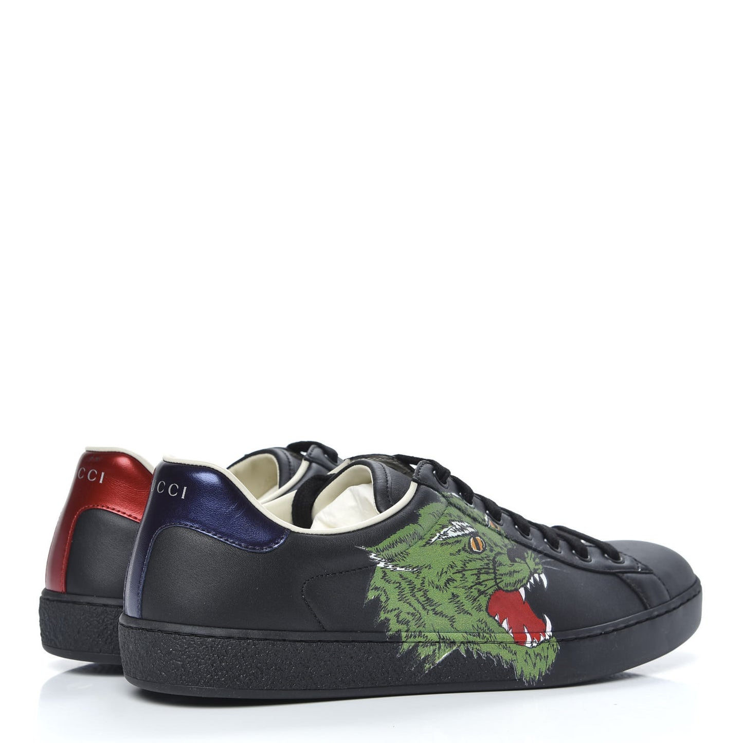 Calfskin Green Panther Print Mens Ace Sneakers 8.5 Black