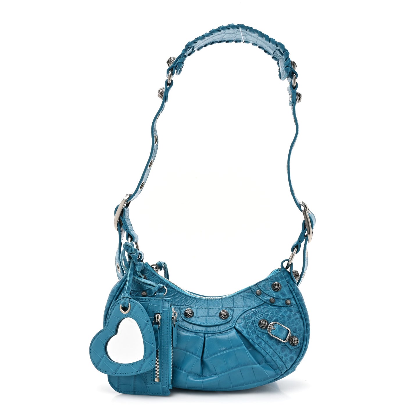 Extra Supple Calfskin Crocodile Embossed Le Cagole Shoulder Bag XS Cyan