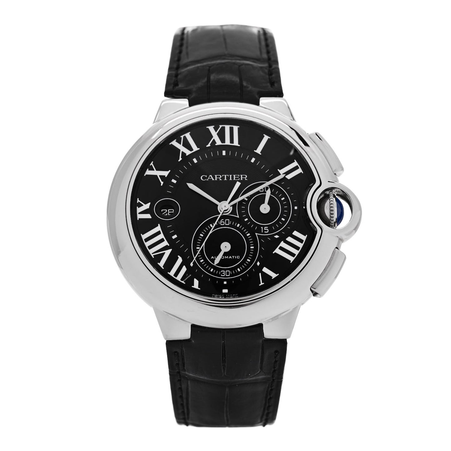 Stainless Steel Alligator 44mm Ballon Bleu De Cartier Chronograph Automatic Watch Black