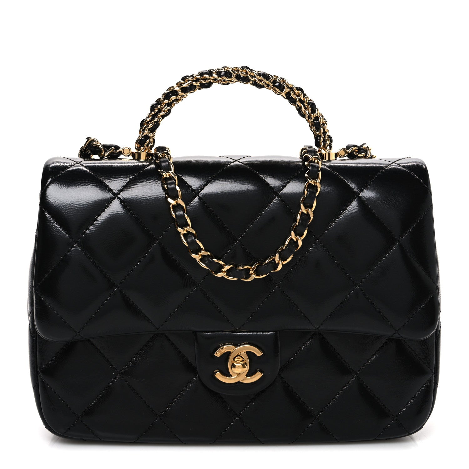最終値下　CHANEL フリンジデザイン ハンドバッグ Chanel Shiny Lambskin Quilted Twisted Links Top Handle Flap Black