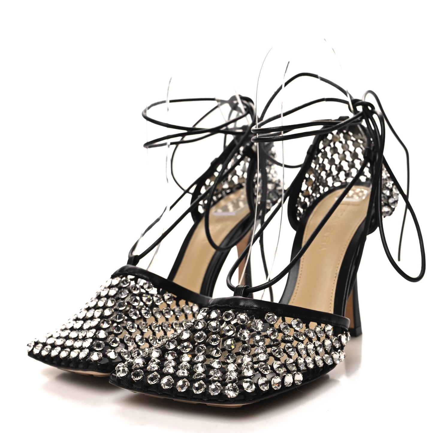 Mesh Nappa Crystal Embellished Sparkle Stretch Ankle Tie Sandals 37 Black