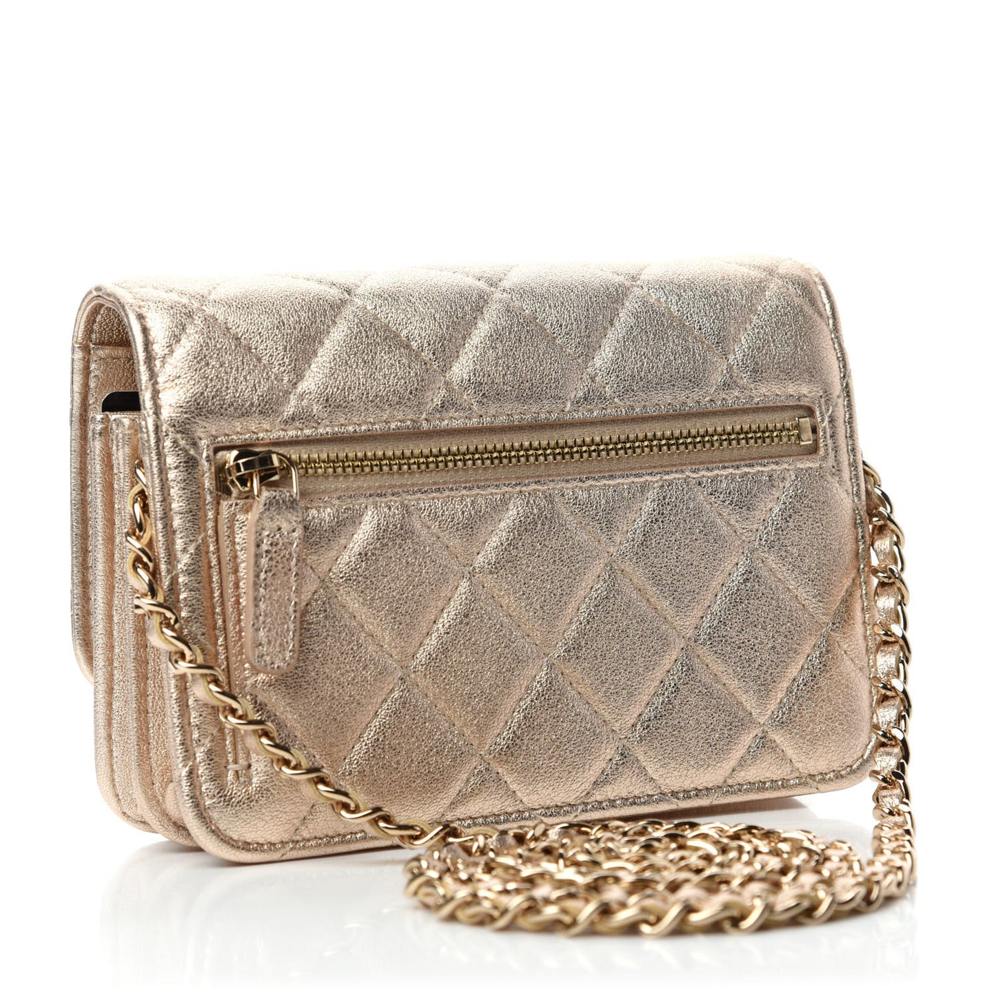 Metallic Lambskin Quilted Mini Wallet On Chain WOC Gold