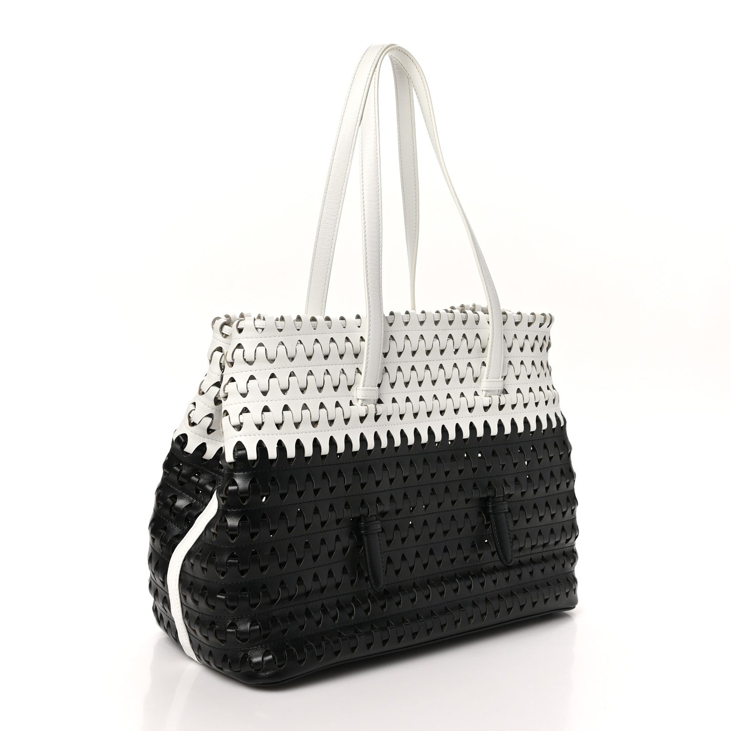 Woven Calfskin Mina Tote Black White