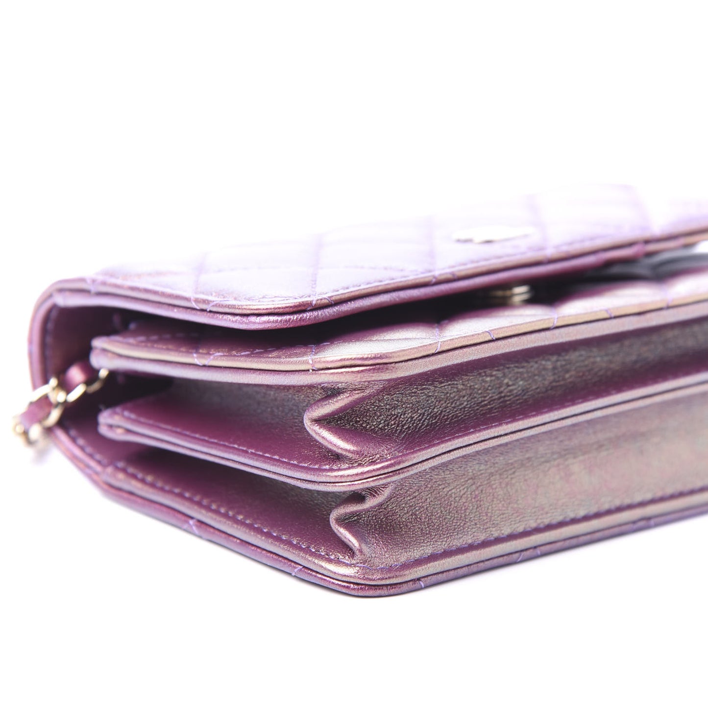 Iridescent Lambskin Quilted Mini Wallet On Chain WOC Purple