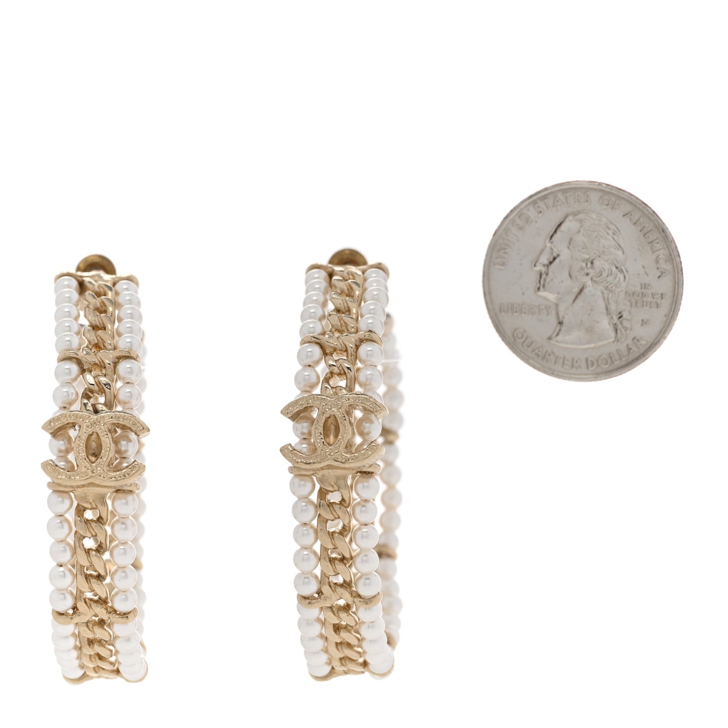 Pearl CC Chain Hoop Earrings Gold