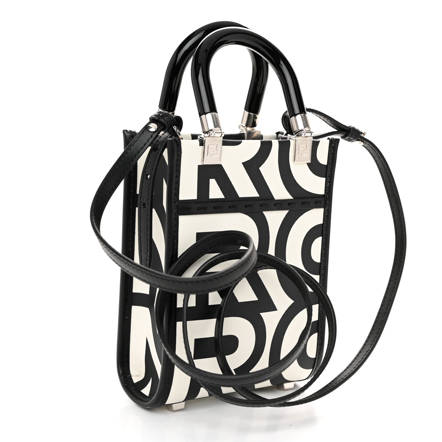 X MARC JACOBS Vitello King Plexiglass Logo Print Mini Fendi Sunshine Shopper Tote Black White