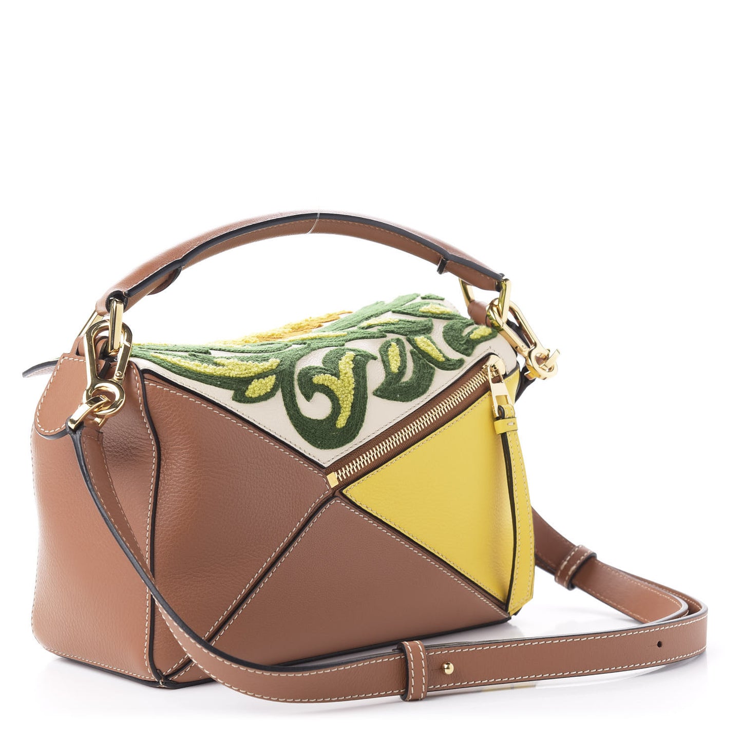 Calfskin Embroidered Floral Small Puzzle Bag Tan Yellow