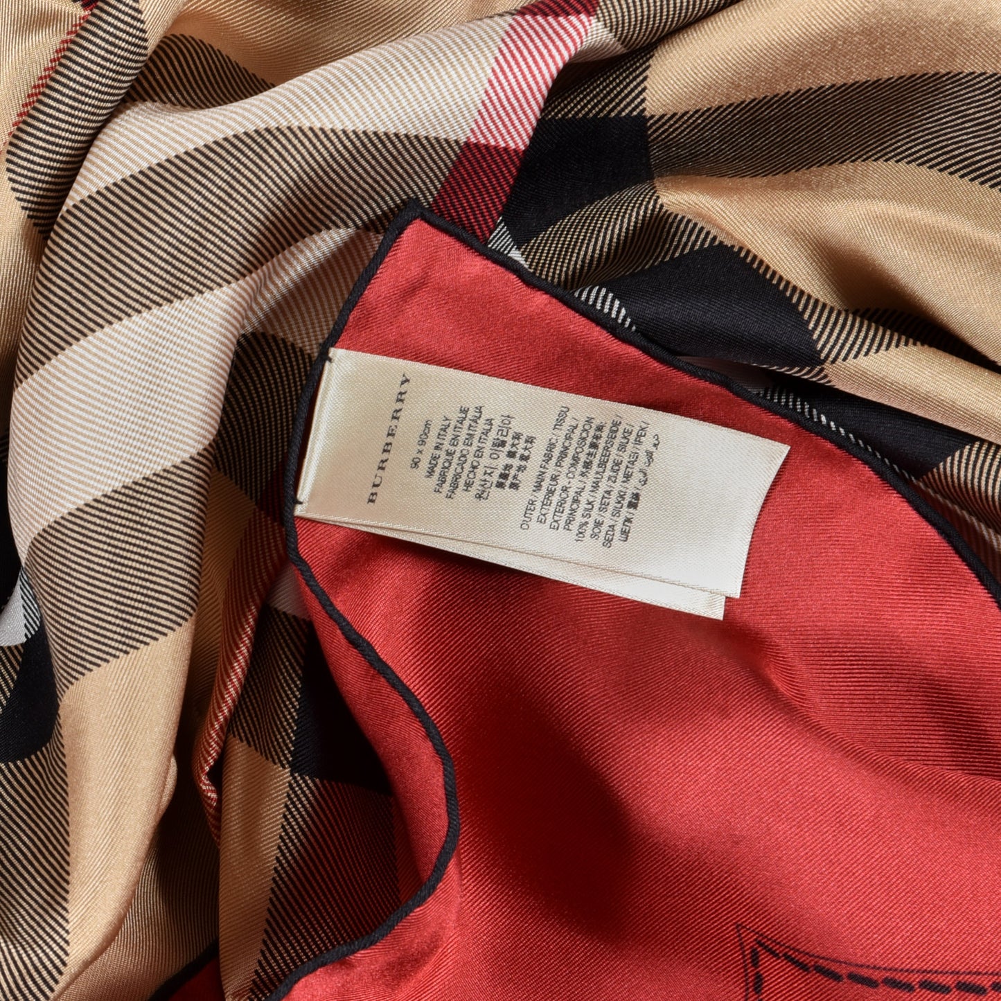 Silk Haymarket Check Square Scarf Beige Red