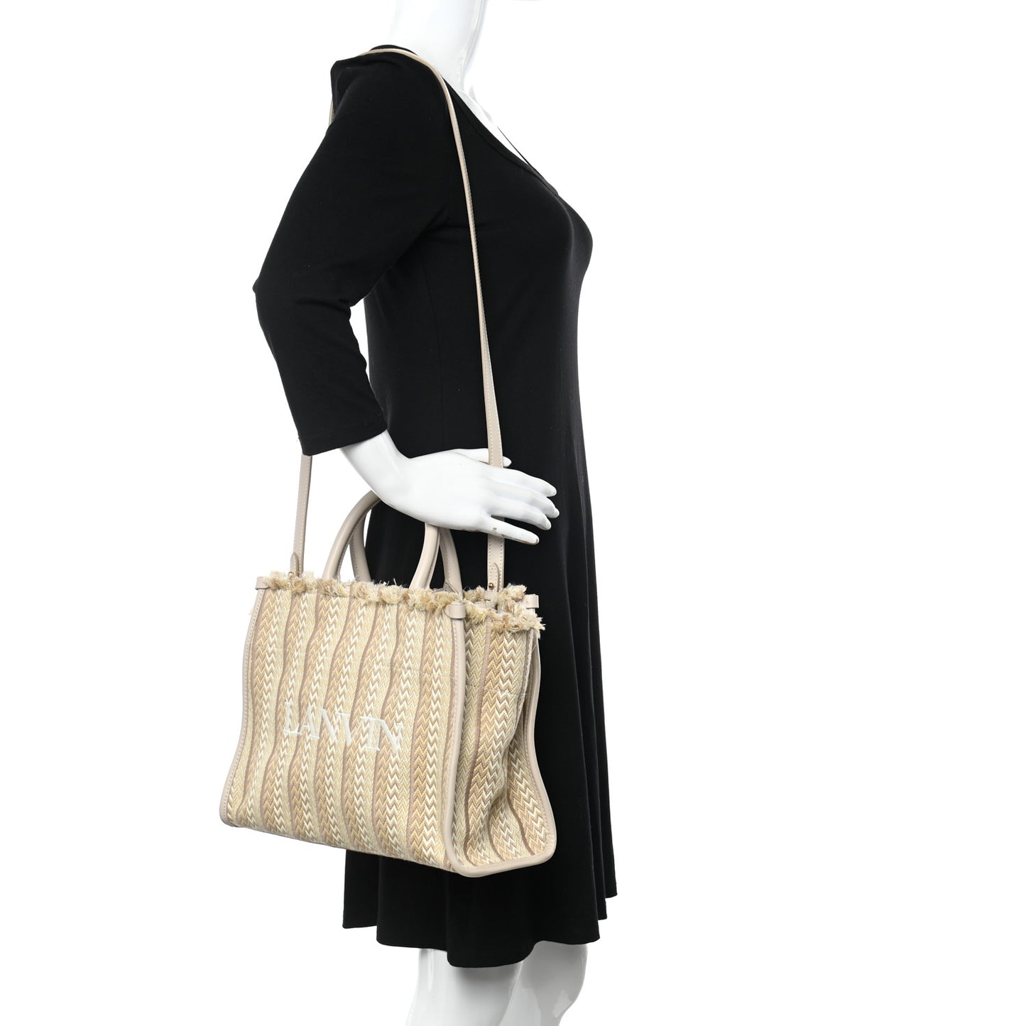 Calfskin Canvas Woven Chevron In & Out Tote PM Beige