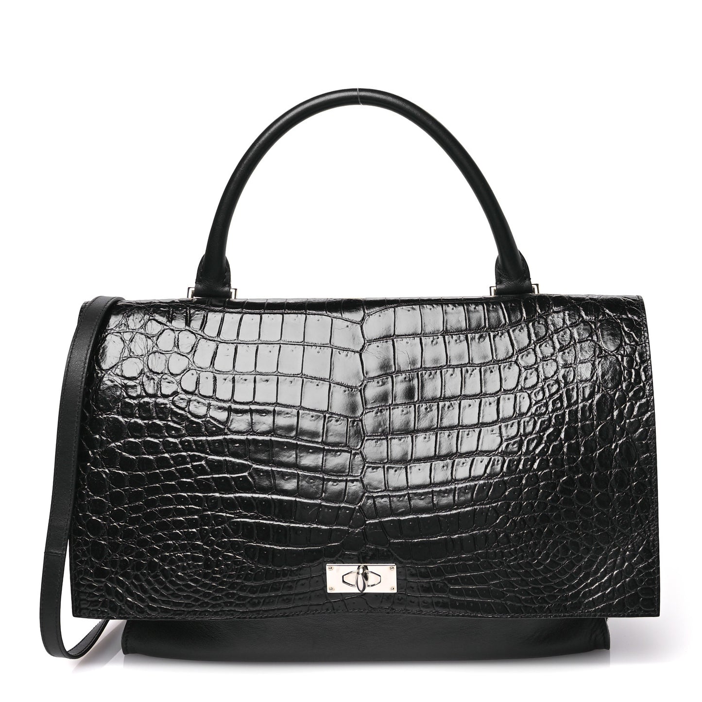 Calfskin Crocodile Embossed Medium Shark Lock Satchel Black