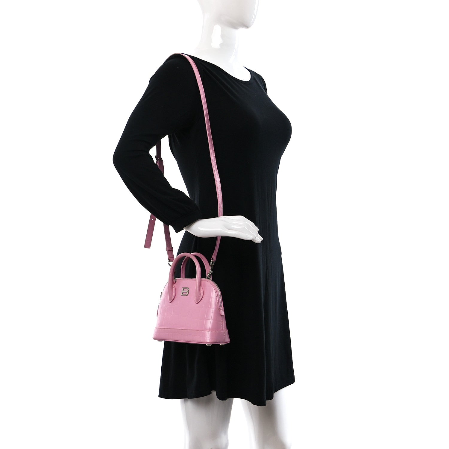 Balenciaga Semi Shiny Calfskin Rivet Crocodile Embossed XXS Ville Top Handle Bag Pink 2 of 14