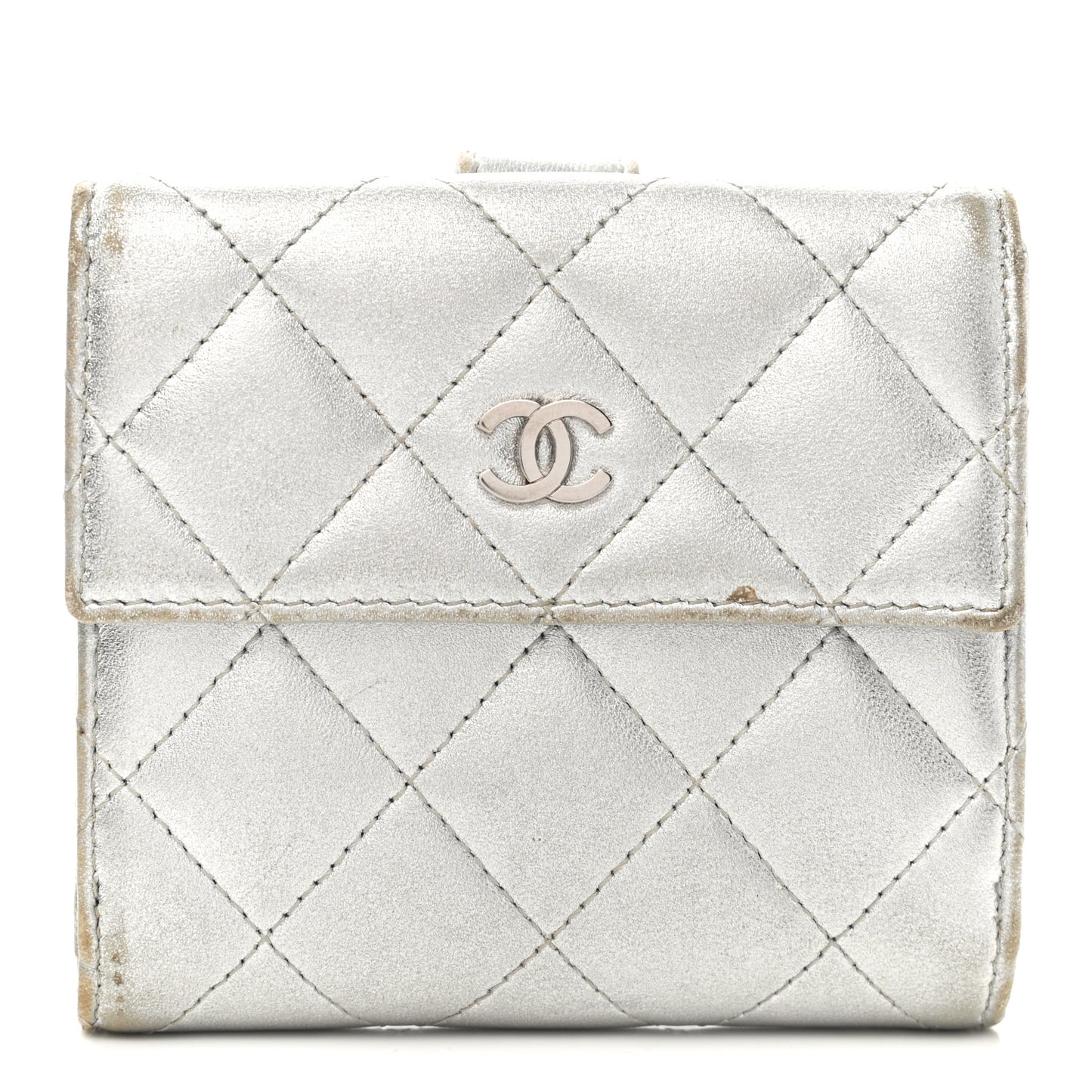 Metallic Lambskin Quilted Compact French Flap Wallet Silver